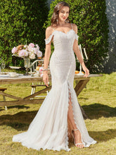 UNITHORSE V-Neck Strappy Lace Floral Print Romantic Lightweight Wedding Dress With Ruffle Mermaid Hem And Waist Cinching